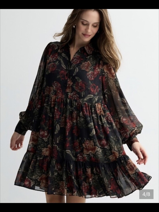 Farmers Market Dresses & Skirts - Farmers Mark Floral Long-Sleeve Tiered Mini Dress - Black with Red Floral